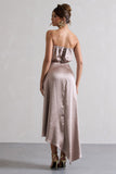 Willa Taupe Satin Bandeau Maxi Dress With Asymmetric Hem