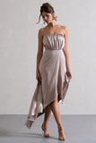 Willa Taupe Satin Bandeau Maxi Dress With Asymmetric Hem