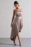 Willa Taupe Satin Bandeau Maxi Dress With Asymmetric Hem