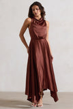 Kerri Chocolate Brown Satin Cowl-Neck Maxi Dress