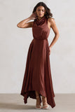 Kerri Chocolate Brown Satin Cowl-Neck Maxi Dress
