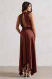 Kerri Chocolate Brown Satin Cowl-Neck Maxi Dress