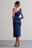 Ascot Navy Satin One Shoulder Midi Dress With Corsage