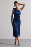 Ascot Navy Satin One Shoulder Midi Dress With Corsage