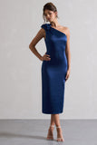 Ascot Navy Satin One Shoulder Midi Dress With Corsage