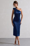 Ascot Navy Satin One Shoulder Midi Dress With Corsage
