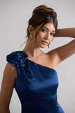 Ascot Navy Satin One Shoulder Midi Dress With Corsage