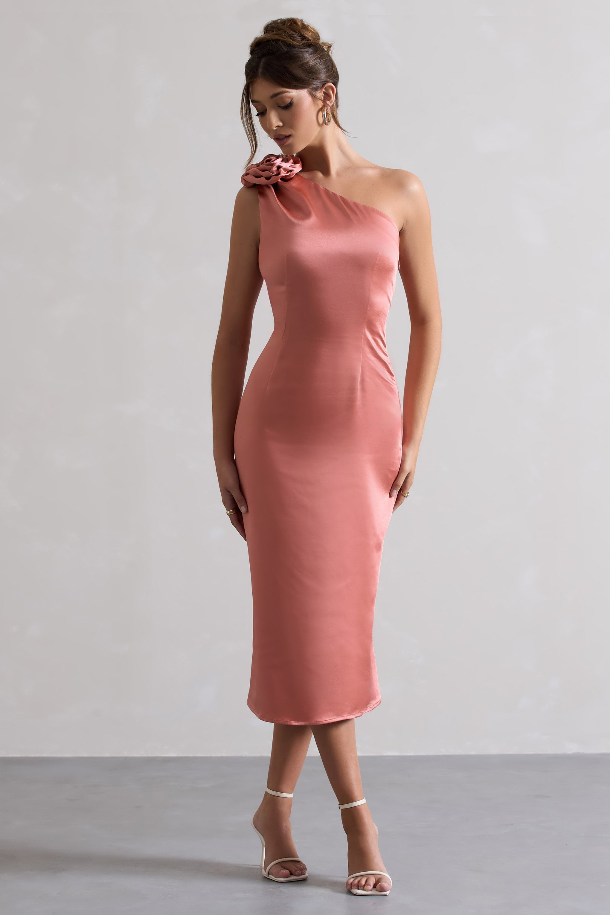 Ascot Coral Satin One Shoulder Midi Dress With Corsage
