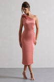 Ascot Coral Satin One Shoulder Midi Dress With Corsage