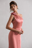 Ascot Coral Satin One Shoulder Midi Dress With Corsage
