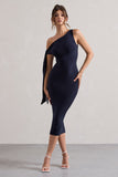 Adapt Navy Asymmetric Midi Dress With Tie Sleeve