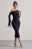 Adapt Navy Asymmetric Midi Dress With Tie Sleeve