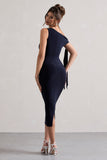 Adapt Navy Asymmetric Midi Dress With Tie Sleeve
