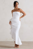 New Age White Strapless Asymmetric Ruffled Maxi Dress
