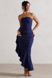 New Age Navy Strapless Asymmetric Ruffled Maxi Dress