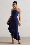 New Age Navy Strapless Asymmetric Ruffled Maxi Dress