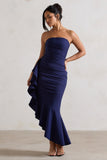 New Age Navy Strapless Asymmetric Ruffled Maxi Dress