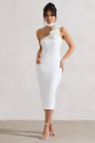 The Soiree White Bodycon Midi Dress With Ruffled Choker