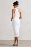 The Soiree White Bodycon Midi Dress With Ruffled Choker