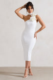 The Soiree White Bodycon Midi Dress With Ruffled Choker