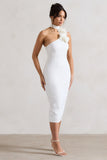 The Soiree White Bodycon Midi Dress With Ruffled Choker