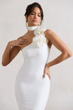 The Soiree White Bodycon Midi Dress With Ruffled Choker