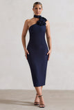 The Soiree Navy Bodycon Midi Dress With Ruffled Choker