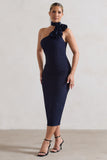 The Soiree Navy Bodycon Midi Dress With Ruffled Choker