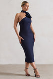The Soiree Navy Bodycon Midi Dress With Ruffled Choker