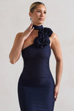 The Soiree Navy Bodycon Midi Dress With Ruffled Choker
