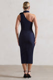 The Soiree Navy Bodycon Midi Dress With Ruffled Choker