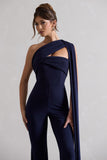 Lorah Navy One Shoulder Wide-Leg Jumpsuit With Sash
