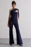 Lorah Navy One Shoulder Wide-Leg Jumpsuit With Sash