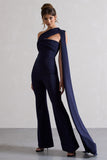 Lorah Navy One Shoulder Wide-Leg Jumpsuit With Sash