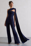Lorah Navy One Shoulder Wide-Leg Jumpsuit With Sash