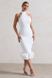 Ashton White High-Neck Midi Dress With Ruffle Hem