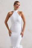 Ashton White High-Neck Midi Dress With Ruffle Hem