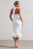 Ashton White High-Neck Midi Dress With Ruffle Hem