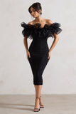 Ladylike Black Ruched Bardot Midi Dress With Organza Trim