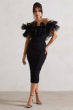 Ladylike Black Ruched Bardot Midi Dress With Organza Trim