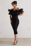 Ladylike Black Ruched Bardot Midi Dress With Organza Trim
