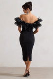 Ladylike Black Ruched Bardot Midi Dress With Organza Trim