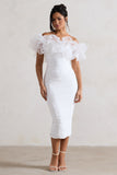 Ladylike White Ruched Bardot Midi Dress With Organza Trim