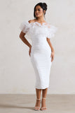 Ladylike White Ruched Bardot Midi Dress With Organza Trim