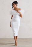 Ladylike White Ruched Bardot Midi Dress With Organza Trim