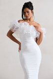 Ladylike White Ruched Bardot Midi Dress With Organza Trim