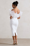 Ladylike White Ruched Bardot Midi Dress With Organza Trim