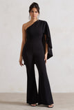 Pristine Black One Shoulder Cape Sleeve Flared-Leg Jumpsuit