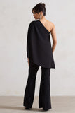 Pristine Black One Shoulder Cape Sleeve Flared-Leg Jumpsuit
