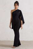 Pristine Black One Shoulder Cape Sleeve Flared-Leg Jumpsuit